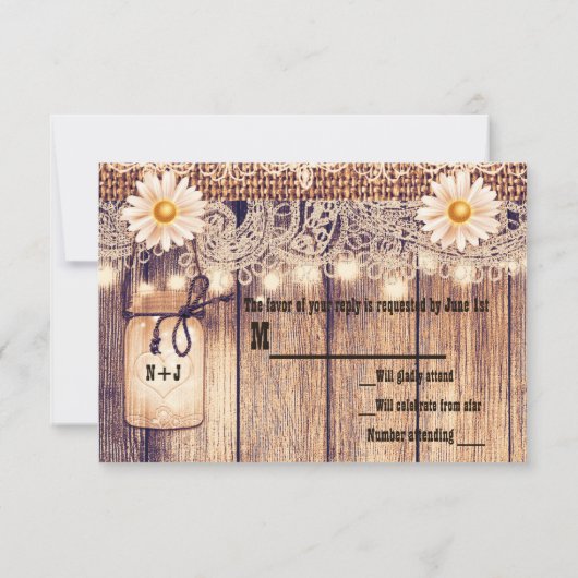 Rustieke verlichte Mason Jars Daisies & Lace RSVP- Kaart (Achterkant)