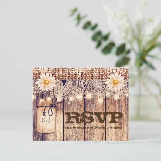 Rustieke verlichte metseljars Madeliefjes & Kant R Uitnodiging Briefkaart (Staand voorkant)