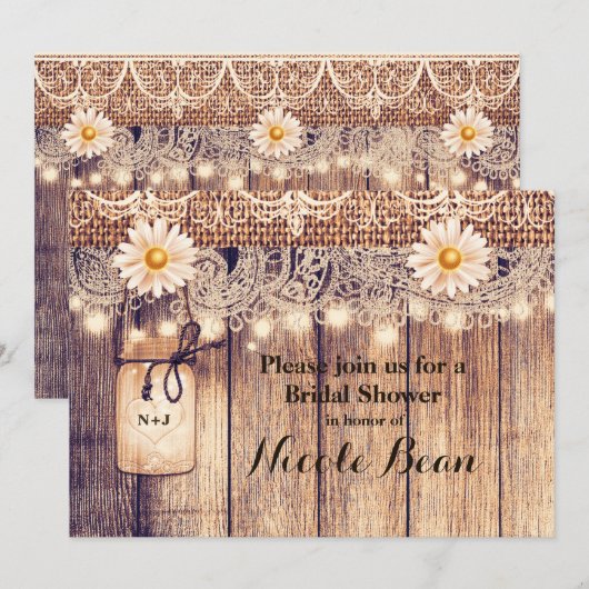 Rustieke verlichte metseljars met madeliefjes brui kaart (Voorkant / Achterkant)