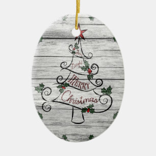 Rustieke verweerde schuur houten kerstboom hulst keramisch ornament