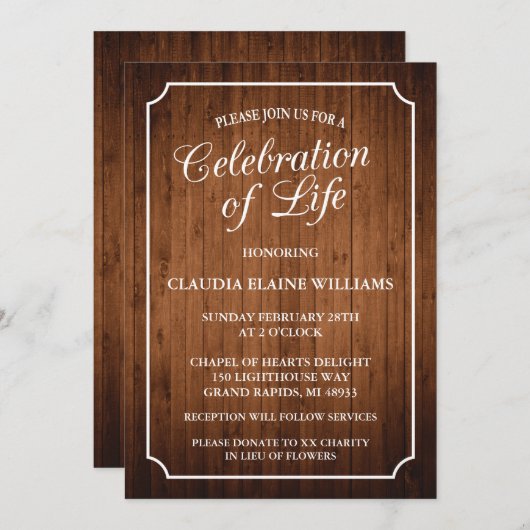 RUSTIEKE VIERING VAN HET LEVEN BEGRAFENISUITNODIGI KAART (Voorkant / Achterkant)