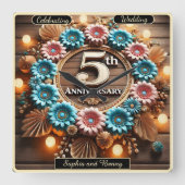 Rustieke Vijfde Jubileum Bloemen Vierkante Klok (Voorkant)