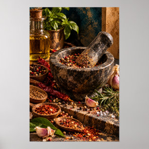 Rustieke vijzel en stamper specerijen keuken muurk poster