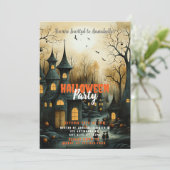 Rustieke Village Bats Pumpkins Halloween Party Kaart (Staand voorkant)