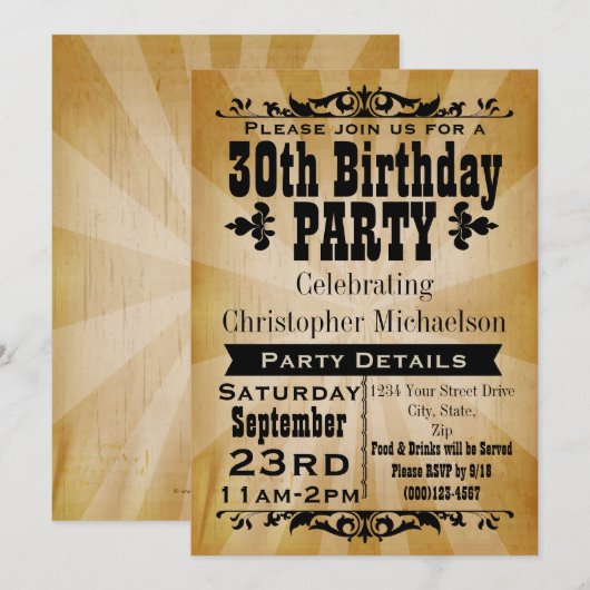 Rustieke Vintage 30e Verjaardagsfeestuitnodiging Kaart (Voorkant / Achterkant)