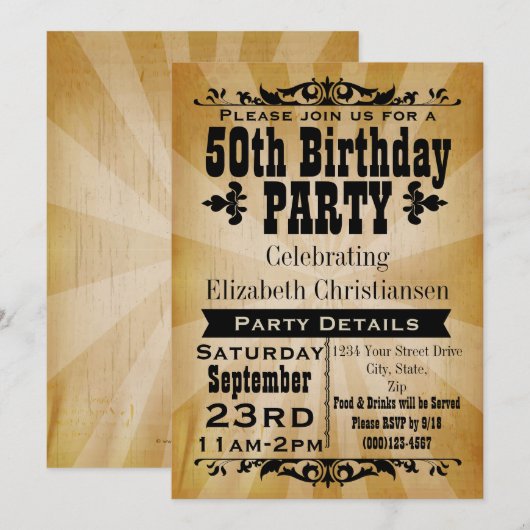 Rustieke Vintage 50ste Verjaardagsfeestuitnodiging Kaart (Voorkant / Achterkant)