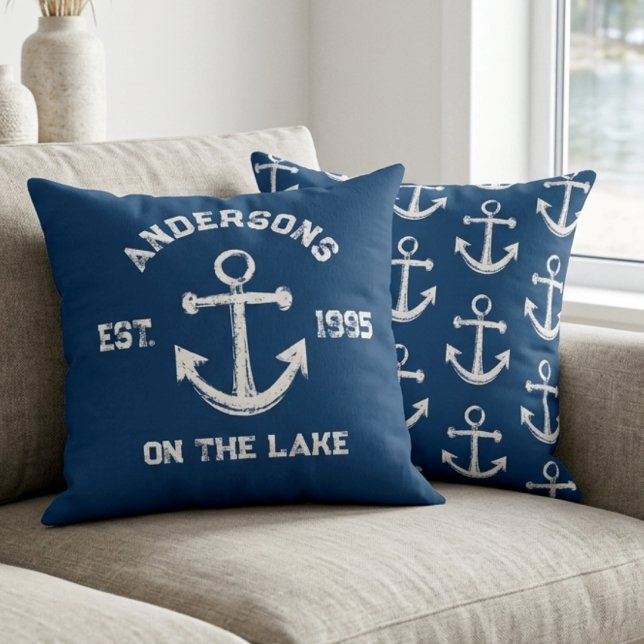Rustieke Vintage Anker Naam Opgericht Navy Blue  Kussen (Creator heeft geüpload)