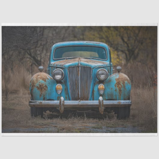 Rustieke Vintage Blauwe Auto Decoupage Tissuepapier (Voorkant)