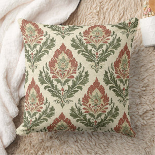 Rustieke Vintage Damast Rood Groen Beige Kussen