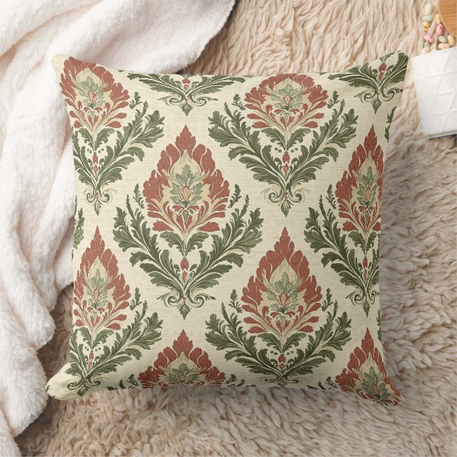 Rustieke Vintage Damast Rood Groen Beige Kussen (Deken)