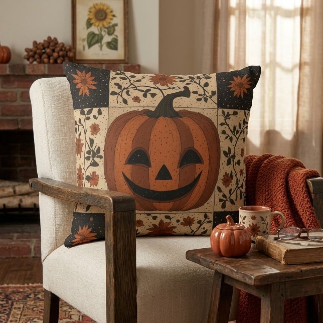 Rustieke Vintage Halloween Pompoen Patchwork Kussen (Creator heeft geüpload)