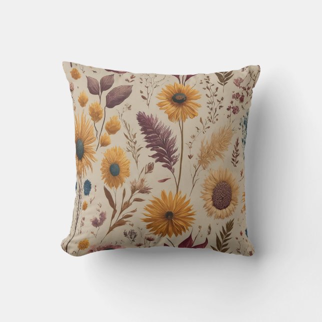 Rustieke Vintage Herfst Boho Zonnebloem Botanische Kussen (Voorkant)