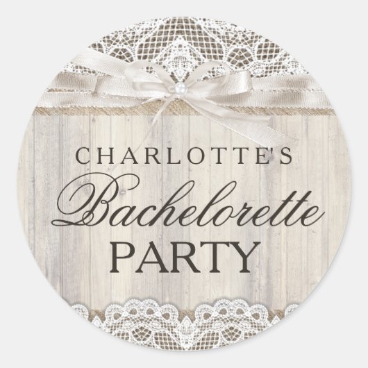 Rustieke Vintage Kant & Houten Bachelorette Sticke Ronde Sticker (Voorkant)