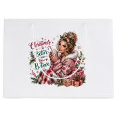 Rustieke Vintage Kerst Roze Kerstcadeautas Groot Cadeauzakje (Voorkant)