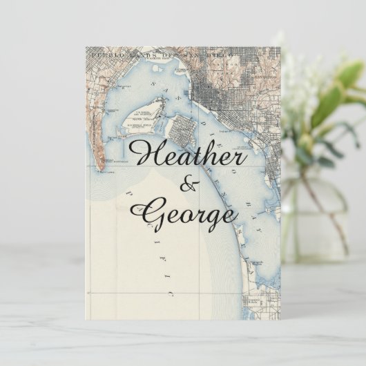 Rustieke Vintage San Diego Kaart Trouwuitnodiging (Staand voorkant)