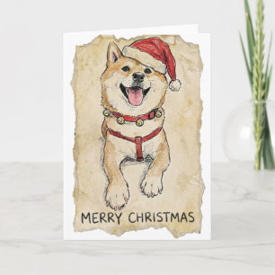 Rustieke Vintage Schets Shiba Inu Kersthond Kunst Kaart