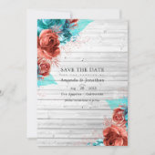 Rustieke Vintage Turquoise en Koraal Bloemige Brui Save The Date (Voorkant)