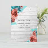 Rustieke Vintage Turquoise en Koraal Bloemige Brui Save The Date (Staand voorkant)