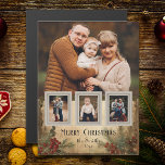 Rustieke Vintage Vier-Foto Vrolijke Kerstgroet<br><div class="desc">Rustieke en nostalgische,  op de vintage geïnspireerde wenskaart met grote fotosjabloon met drie kleine invoegfoto's op antiek snapshot-lijsten op een verontruste achtergrond met hulst en evergreens in warme sepia-tinten.</div>