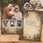 Rustieke Vintage Vier-Foto Vrolijke Kerstgroet Feestdagenkaart<br><div class="desc">Rustieke en nostalgische,  op de vintage geïnspireerde wenskaart met grote fotosjabloon met drie kleine invoegfoto's op antiek snapshot-lijsten op een verontruste achtergrond met hulst en evergreens in warme sepia-tinten. Achterzijde bevat een complementaire grafische achtergrond en een tekstveld.</div>