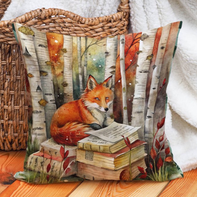 Rustieke Vintage Vos Boeken Woodland Herfst Kussen (Fox and books woodland decorator pillow)
