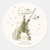 Rustieke Vintage Waterverf Sfeervolle Kerst Scene Ronde Sticker (Voorkant)