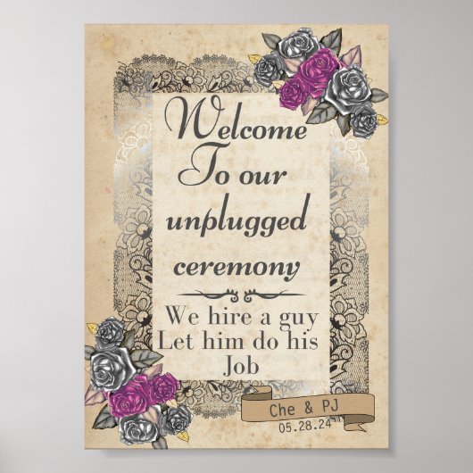 Rustieke Vintage Wedding Sign Unplugged Ceremony Poster (Voorkant)