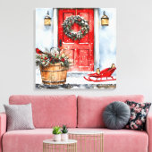 Rustieke Vintage Winter Rode Kerstdeurkrans Canvas Afdruk (Insitu (Woonkamer))