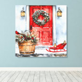 Rustieke Vintage Winter Rode Kerstdeurkrans Canvas Afdruk (Insitu (Houten vloer))