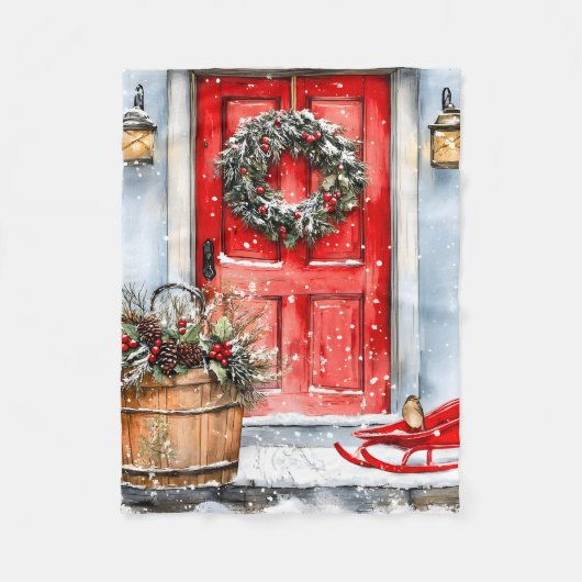 Rustieke Vintage Winter Rode Kerstdeurkrans Fleece Deken (Voorkant)