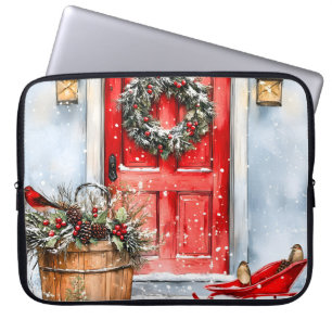 Rustieke Vintage Winter Rode Kerstdeurkrans Laptop Sleeve