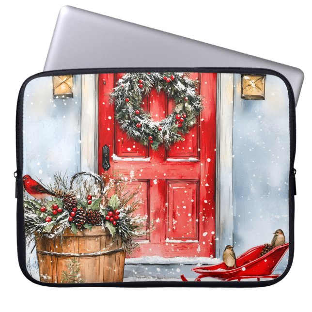 Rustieke Vintage Winter Rode Kerstdeurkrans Laptop Sleeve (Voorkant)