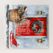Rustieke Vintage Winter Rode Kerstdeurkrans Legpuzzel (Horizontaal)