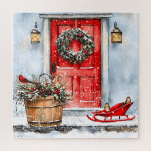 Rustieke Vintage Winter Rode Kerstdeurkrans Legpuzzel