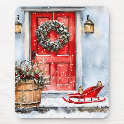 Rustieke Vintage Winter Rode Kerstdeurkrans Muismat (Voorkant)