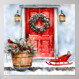 Rustieke Vintage Winter Rode Kerstdeurkrans Poster