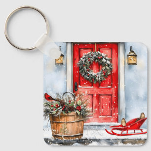 Rustieke Vintage Winter Rode Kerstdeurkrans Sleutelhanger