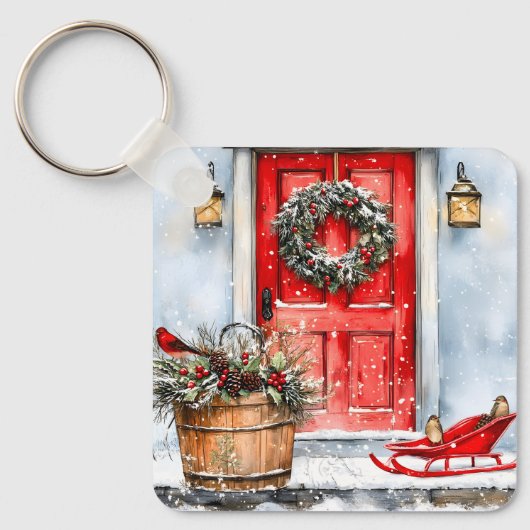 Rustieke Vintage Winter Rode Kerstdeurkrans Sleutelhanger (Voorkant)