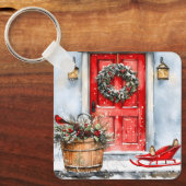 Rustieke Vintage Winter Rode Kerstdeurkrans Sleutelhanger (Voorkant)