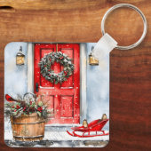 Rustieke Vintage Winter Rode Kerstdeurkrans Sleutelhanger (Achterkant)