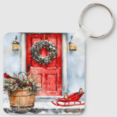 Rustieke Vintage Winter Rode Kerstdeurkrans Sleutelhanger (Achterkant)