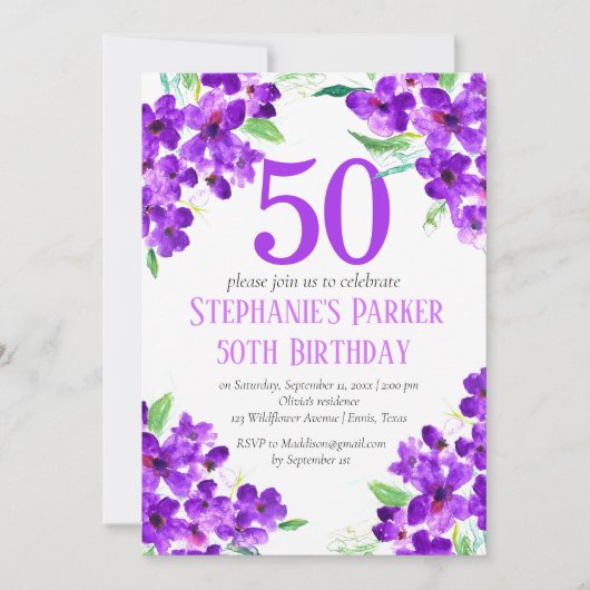 Rustieke Violet 50e Verjaardag Paarse Bloemen Kaart (Voorkant)