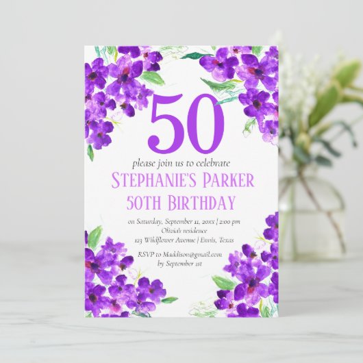 Rustieke Violet 50e Verjaardag Paarse Bloemen Kaart (Staand voorkant)