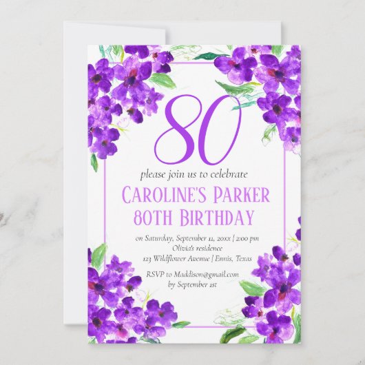 Rustieke Violet 80e Verjaardag Paarse Bloemen Kaart (Voorkant)