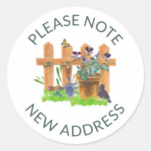 Rustieke viooltjes & merel waterverf nieuw adres ronde sticker