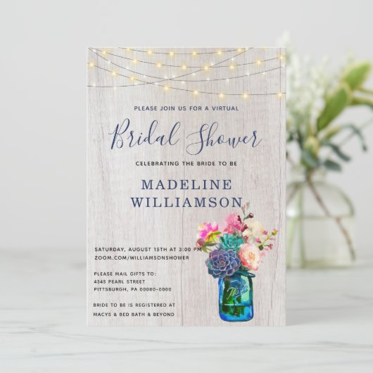 Rustieke Virtual Vrijgezellenfeest Mason Jar Succu Kaart (Staand voorkant)