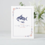 Rustieke vis rood & blauw strand bruiloft RSVP Kaartje (Staand voorkant)