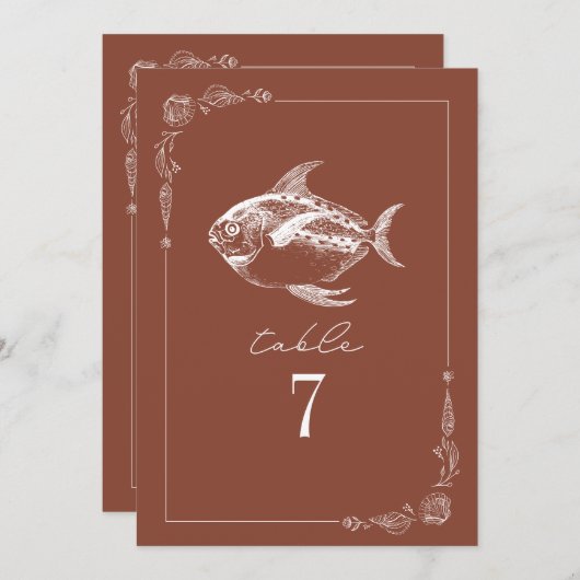 Rustieke vis terracotta bruiloft tafel nummer kaart (Voorkant / Achterkant)