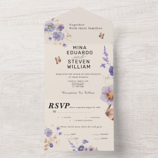 Rustieke vlinders bruiloft all in one uitnodiging (Binnen)