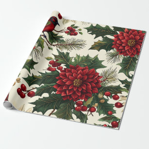Rustieke vogel en poinsettia kerstpatroon (10) cadeaupapier